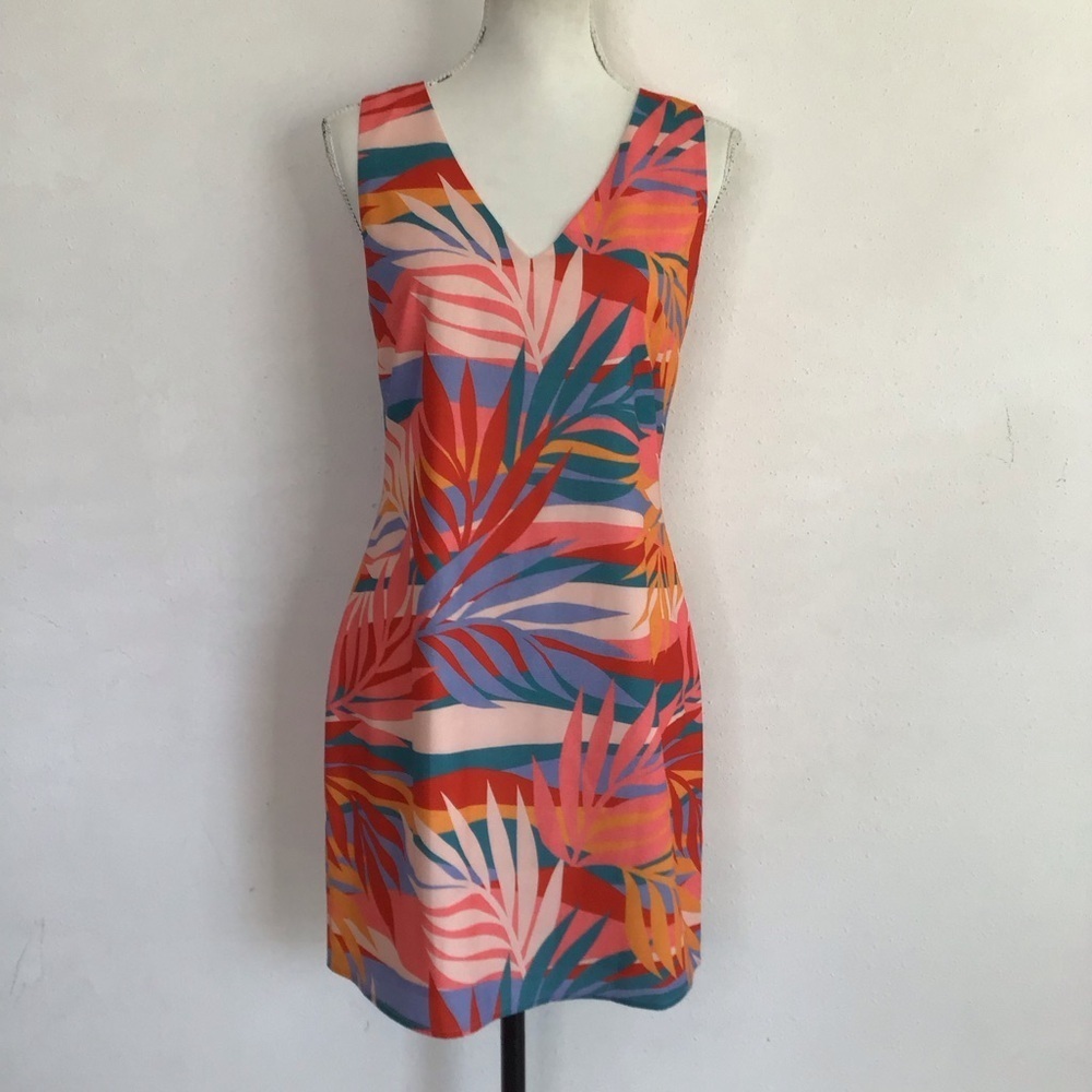 Molly Bracken Pink Roma Tropical V-Neck Tank Top Sheath Mini Dress Sz M